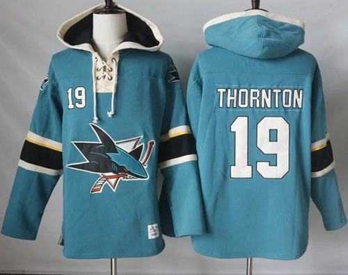 Men's San Jose Sharks #19 Joe Thornton Teal Pullover Hoodie Stitched NHL Jersey