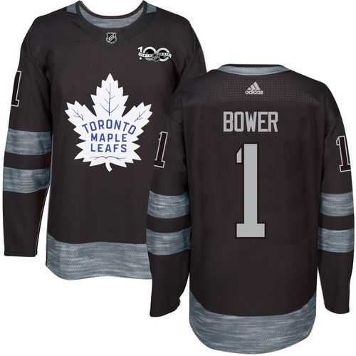 Men's Toronto Maple Leafs #1 Johnny Bower Black 1917-2017 100th Anniversary Stitched NHL Jersey