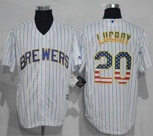 Milwaukee Brewers #20 Jonathan Lucroy White(Blue Strip) USA Flag Fashion Stitched Baseball Jersey