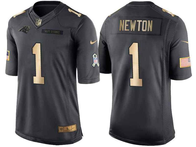 Nike Carolina Panthers #1 Cam Newton Anthracite 2016 Christmas Gold Men's NFL Limited Salute to Service Jersey