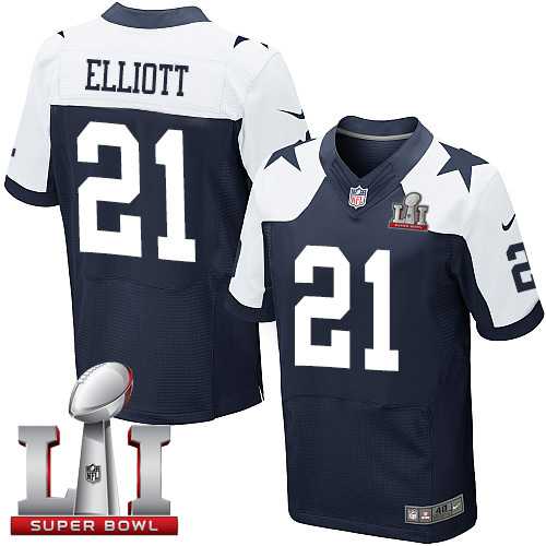 Nike Dallas Cowboys #21 Ezekiel Elliott Navy Blue Thanksgiving Men's Stitched NFL Super Bowl LI 51 Throwback Elite Jersey