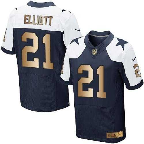 Nike Dallas Cowboys #21 Ezekiel Elliott Navy Blue Thanksgiving Throwback Men's Stitched NFL Elite Gold Jersey