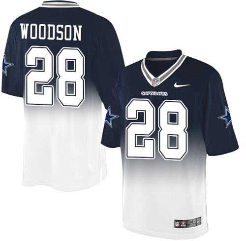 Nike Dallas Cowboys #28 Darren Woodson Navy Blue White Men's Stitched NFL Elite Fadeaway Fashion Jersey
