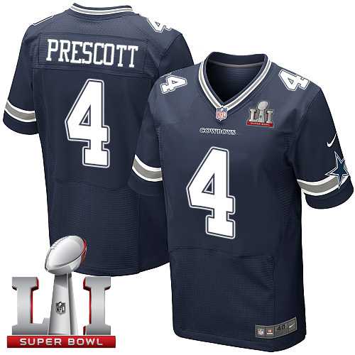 Nike Dallas Cowboys #4 Dak Prescott Navy Blue Team Color Men's Stitched NFL Super Bowl LI 51 Elite Jersey