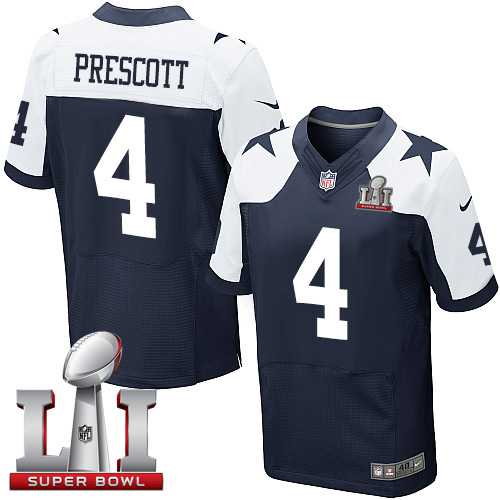 Nike Dallas Cowboys #4 Dak Prescott Navy Blue Thanksgiving Men's Stitched NFL Super Bowl LI 51 Throwback Elite Jersey