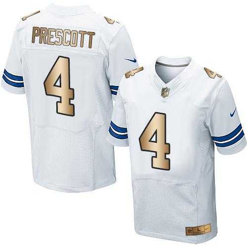 Nike Dallas Cowboys #4 Dak Prescott White Men's Stitched NFL Elite Gold Jersey