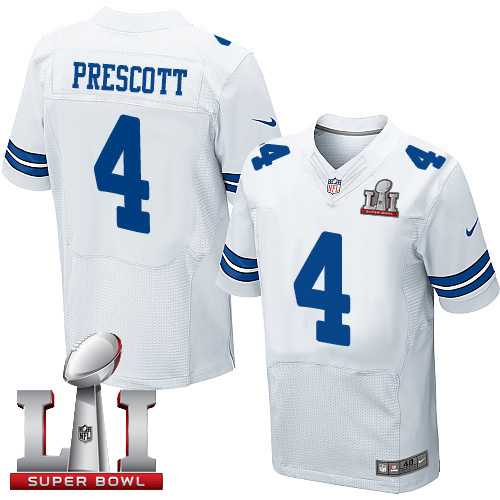 Nike Dallas Cowboys #4 Dak Prescott White Men's Stitched NFL Super Bowl LI 51 Elite Jersey