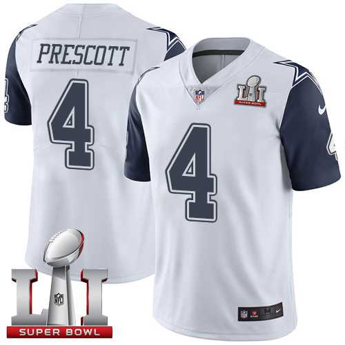 Nike Dallas Cowboys #4 Dak Prescott White Men's Stitched NFL Super Bowl LI 51 Limited Rush Jersey