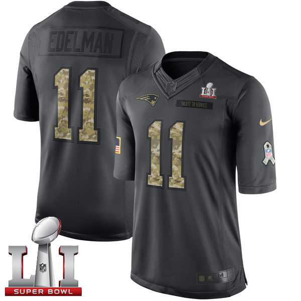 Nike New England Patriots #11 Julian Edelman Black Super Bowl LI 51 Men's Stitched NFL Limited 2016 Salute To Service Jersey