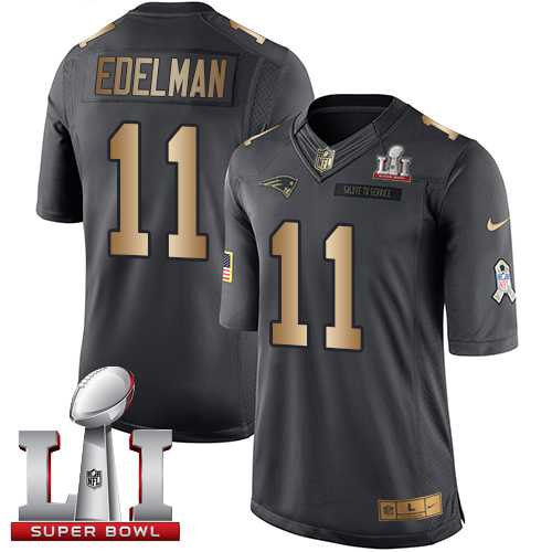 Nike New England Patriots #11 Julian Edelman Black Super Bowl LI 51 Men's Stitched NFL Limited Gold Salute To Service Jersey