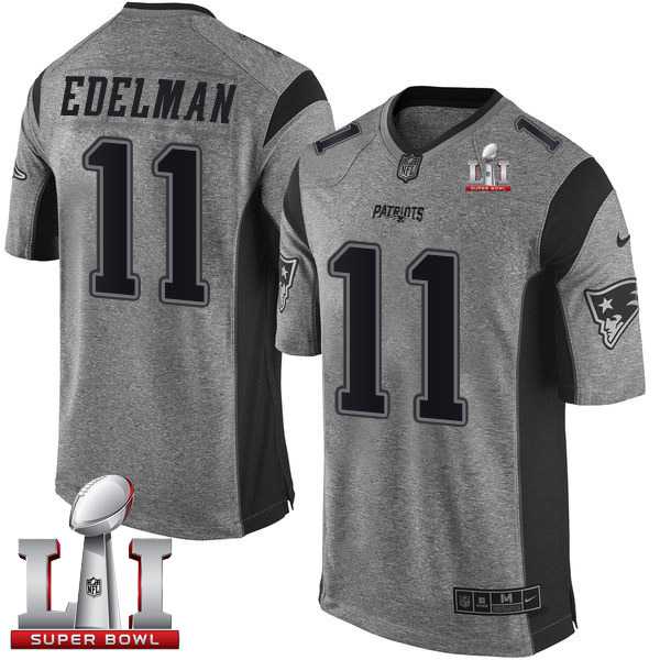 Nike New England Patriots #11 Julian Edelman Gray Super Bowl LI 51 Men's Stitched NFL Limited Gridiron Gray Jersey