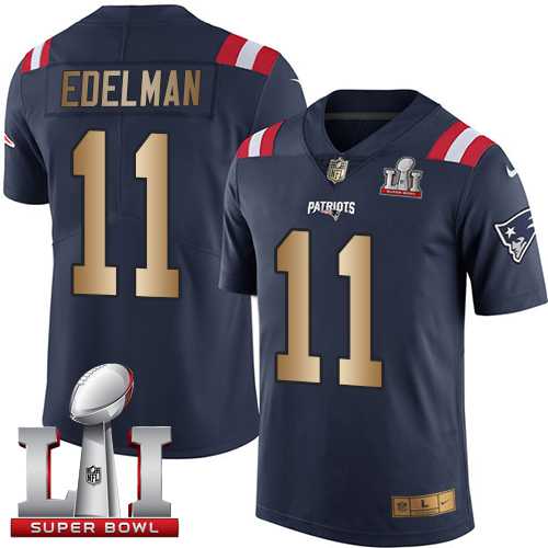 Nike New England Patriots #11 Julian Edelman Navy Blue Super Bowl LI 51 Men's Stitched NFL Limited Gold Rush Jersey