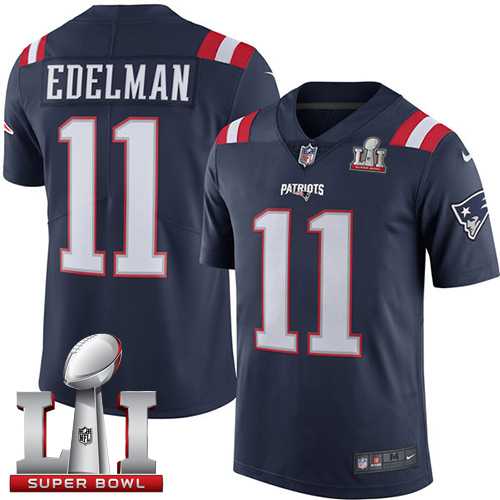 Nike New England Patriots #11 Julian Edelman Navy Blue Super Bowl LI 51 Men's Stitched NFL Limited Rush Jersey