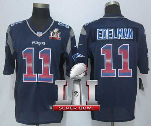 Nike New England Patriots #11 Julian Edelman Navy Blue Team Color Super Bowl LI 51 Men's Stitched NFL Limited Strobe Jersey
