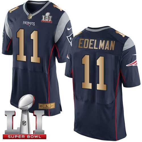 Nike New England Patriots #11 Julian Edelman Navy Blue Team Color Super Bowl LI 51 Men's Stitched NFL New Elite Gold Jersey