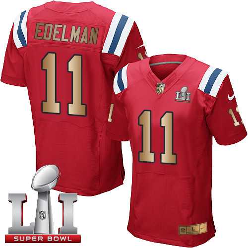 Nike New England Patriots #11 Julian Edelman Red Alternate Super Bowl LI 51 Men's Stitched NFL Elite Gold Jersey
