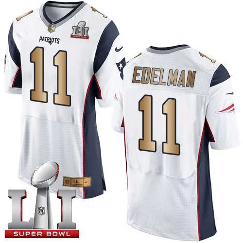 Nike New England Patriots #11 Julian Edelman White Super Bowl LI 51 Men's Stitched NFL New Elite Gold Jersey