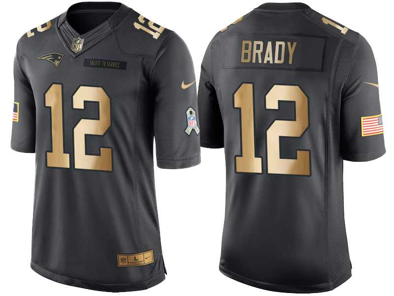 Nike New England Patriots #12 Tom Brady Anthracite 2016 Christmas Gold Men's NFL Limited Salute to Service Jersey