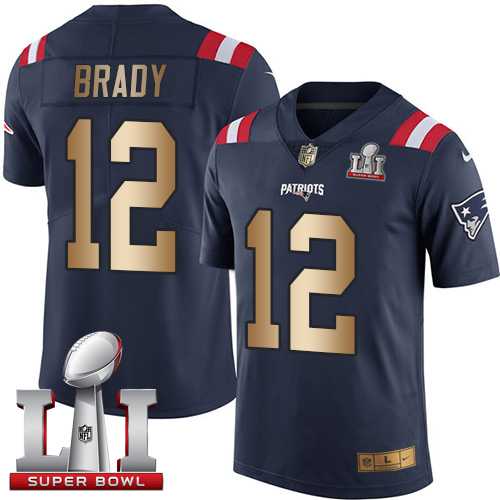 Nike New England Patriots #12 Tom Brady Navy Blue Super Bowl LI 51 Men's Stitched NFL Limited Gold Rush Jersey
