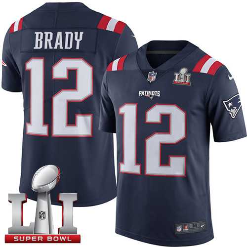 Nike New England Patriots #12 Tom Brady Navy Blue Super Bowl LI 51 Men's Stitched NFL Limited Rush Jersey