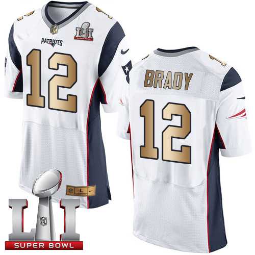 Nike New England Patriots #12 Tom Brady White Super Bowl LI 51 Men's Stitched NFL New Elite Gold Jersey