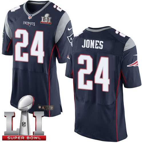 Nike New England Patriots #24 Cyrus Jones Navy Blue Team Color Super Bowl LI 51 Men's Stitched NFL New Elite Jersey