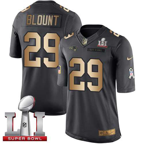 Nike New England Patriots #29 LeGarrette Blount Black Super Bowl LI 51 Men's Stitched NFL Limited Gold Salute To Service Jersey