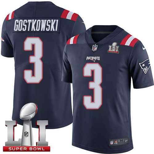 Nike New England Patriots #3 Stephen Gostkowski Navy Blue Super Bowl LI 51 Men's Stitched NFL Limited Rush Jersey
