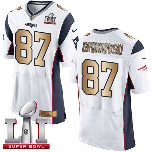 Nike New England Patriots #87 Rob Gronkowski White Super Bowl LI 51 Men's Stitched NFL New Elite Gold Jersey