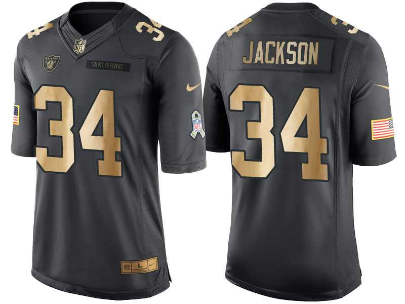 Nike Oakland Raiders #34 Bo Jackson Anthracite 2016 Christmas Gold Men's NFL Limited Salute to Service Jersey