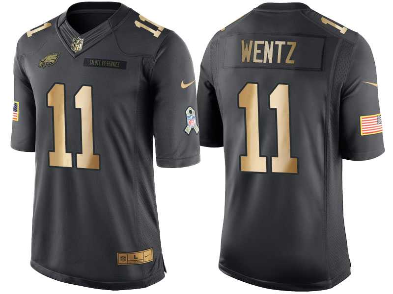 Nike Philadelphia Eagles #11 Carson Wentz Anthracite 2016 Christmas Day Gold Men's NFL Limited Salute to Service Jersey