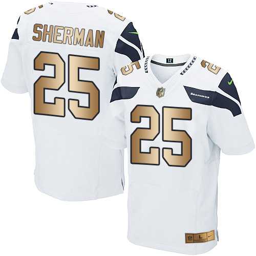 Nike Seattle Seahawks #25 Richard Sherman White Men's Stitched NFL Elite Gold Jersey