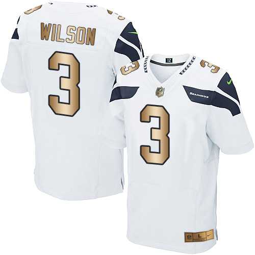 Nike Seattle Seahawks #3 Russell Wilson White Men's Stitched NFL Elite Gold Jersey
