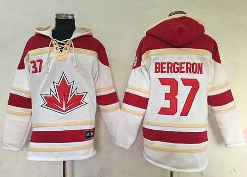 Team CA. #37 Patrice Bergeron White Sawyer Hooded Sweatshirt 2016 World Cup Stitched NHL Jersey