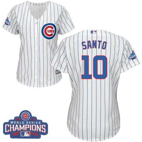 Women's Chicago Cubs #10 Ron Santo White(Blue Strip) Home 2016 World Series Champions Stitched Baseball Jersey