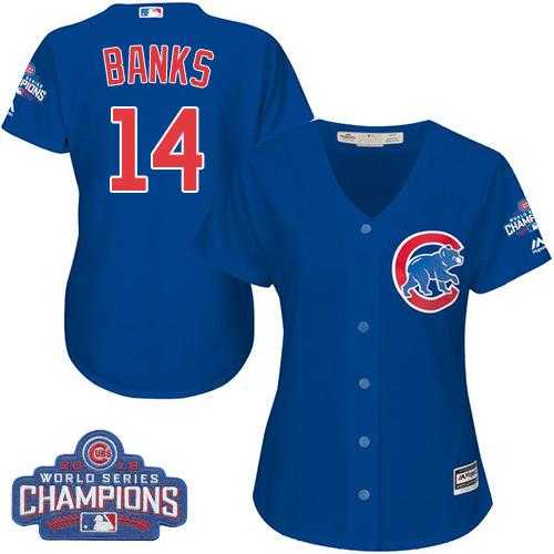 Women's Chicago Cubs #14 Ernie Banks Blue Alternate 2016 World Series Champions Stitched Baseball Jersey