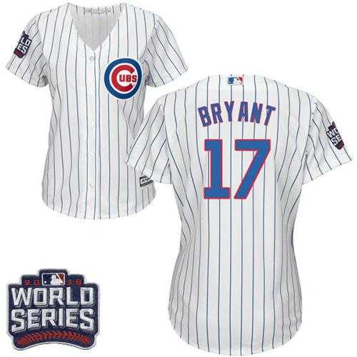 Women's Chicago Cubs #17 Kris Bryant White(Blue Strip) Home 2016 World Series Bound Stitched Baseball Jersey