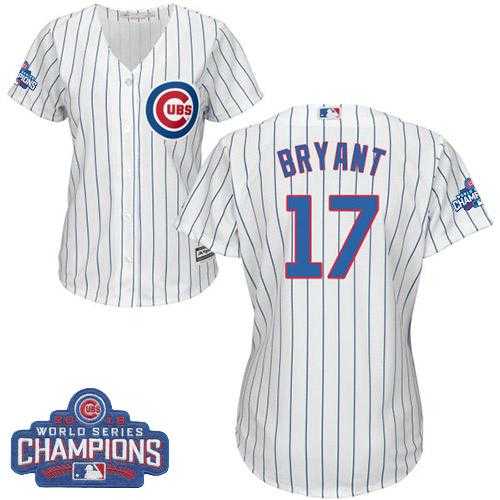 Women's Chicago Cubs #17 Kris Bryant White(Blue Strip) Home 2016 World Series Champions Stitched Baseball Jersey