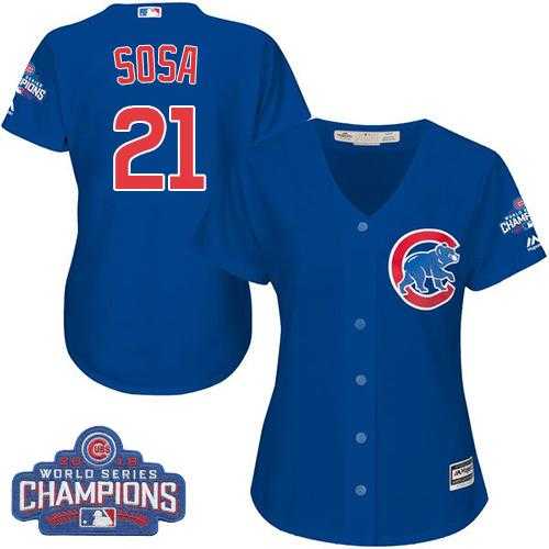 Women's Chicago Cubs #21 Sammy Sosa Blue Alternate 2016 World Series Champions Stitched Baseball Jersey