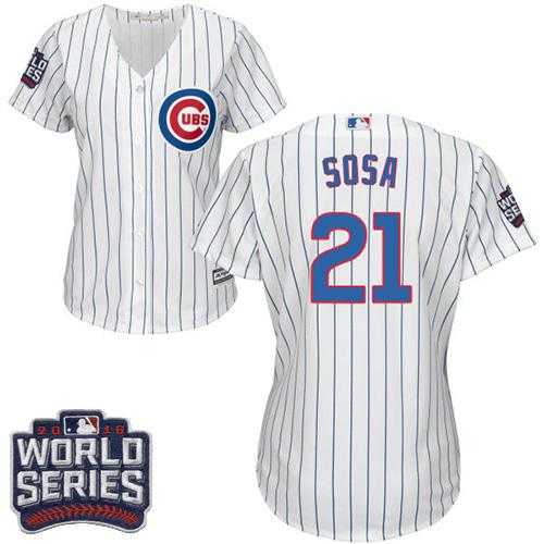 Women's Chicago Cubs #21 Sammy Sosa White(Blue Strip) Home 2016 World Series Bound Stitched Baseball Jersey
