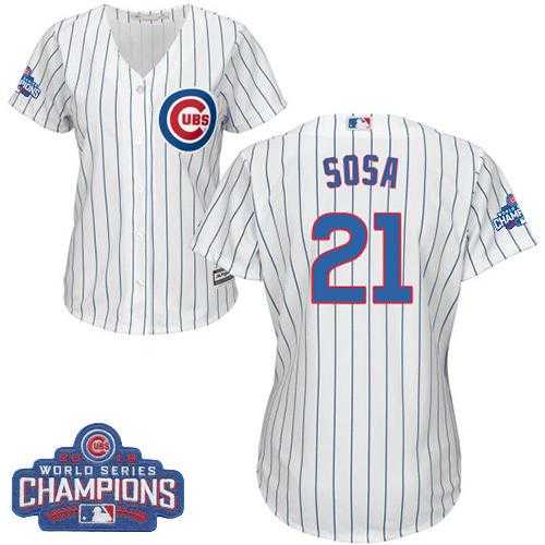 Women's Chicago Cubs #21 Sammy Sosa White(Blue Strip) Home 2016 World Series Champions Stitched Baseball Jersey