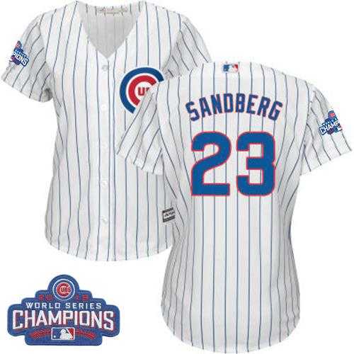 Women's Chicago Cubs #23 Ryne Sandberg White(Blue Strip) Home 2016 World Series Champions Stitched Baseball Jersey
