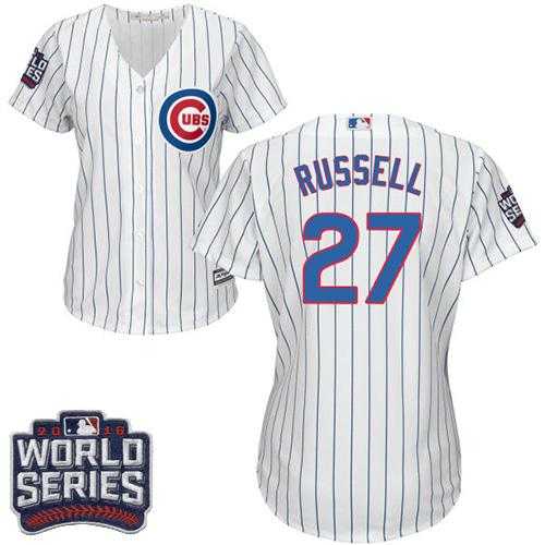 Women's Chicago Cubs #27 Addison Russell White(Blue Strip) Home 2016 World Series Bound Stitched Baseball Jersey