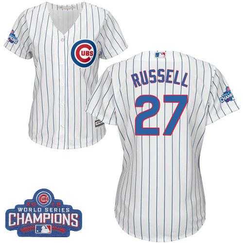 Women's Chicago Cubs #27 Addison Russell White(Blue Strip) Home 2016 World Series Champions Stitched Baseball Jersey