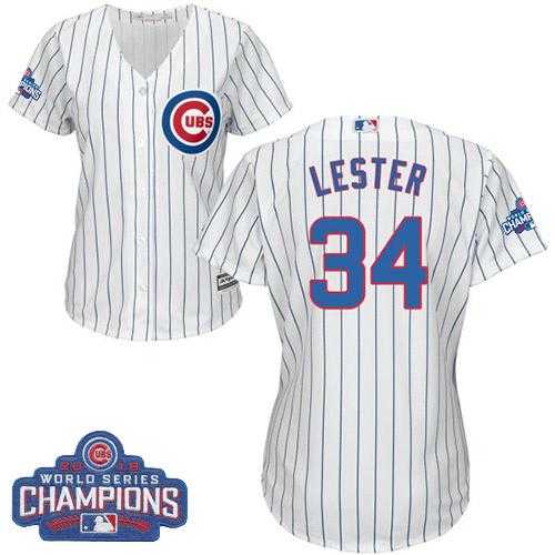 Women's Chicago Cubs #34 Jon Lester White(Blue Strip) Home 2016 World Series Champions Stitched Baseball Jersey