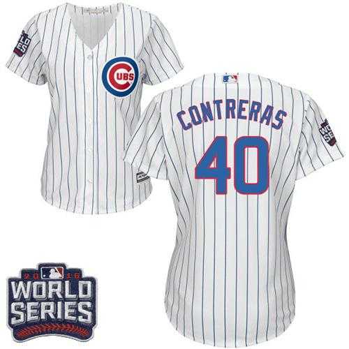 Women's Chicago Cubs #40 Willson Contreras White(Blue Strip) Home 2016 World Series Bound Stitched Baseball Jersey