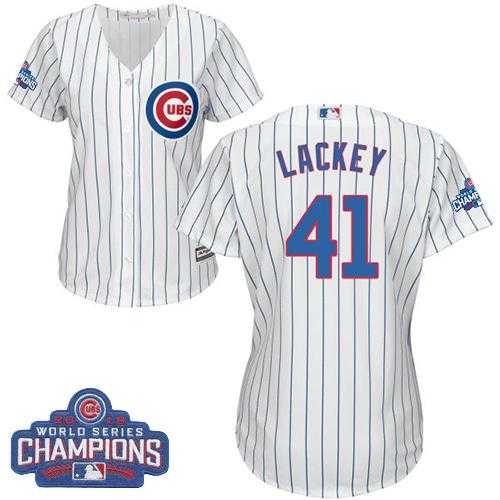 Women's Chicago Cubs #41 John Lackey White(Blue Strip) Home 2016 World Series Champions Stitched Baseball Jersey
