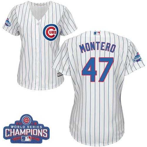 Women's Chicago Cubs #47 Miguel Montero White(Blue Strip) Home 2016 World Series Champions Stitched Baseball Jersey