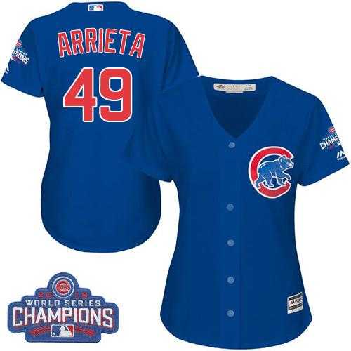 Women's Chicago Cubs #49 Jake Arrieta Blue Alternate 2016 World Series Champions Stitched Baseball Jersey