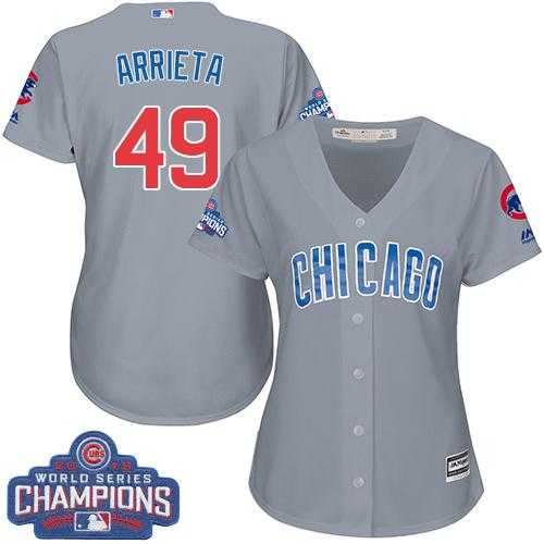 Women's Chicago Cubs #49 Jake Arrieta Grey Road 2016 World Series Champions Stitched Baseball Jersey